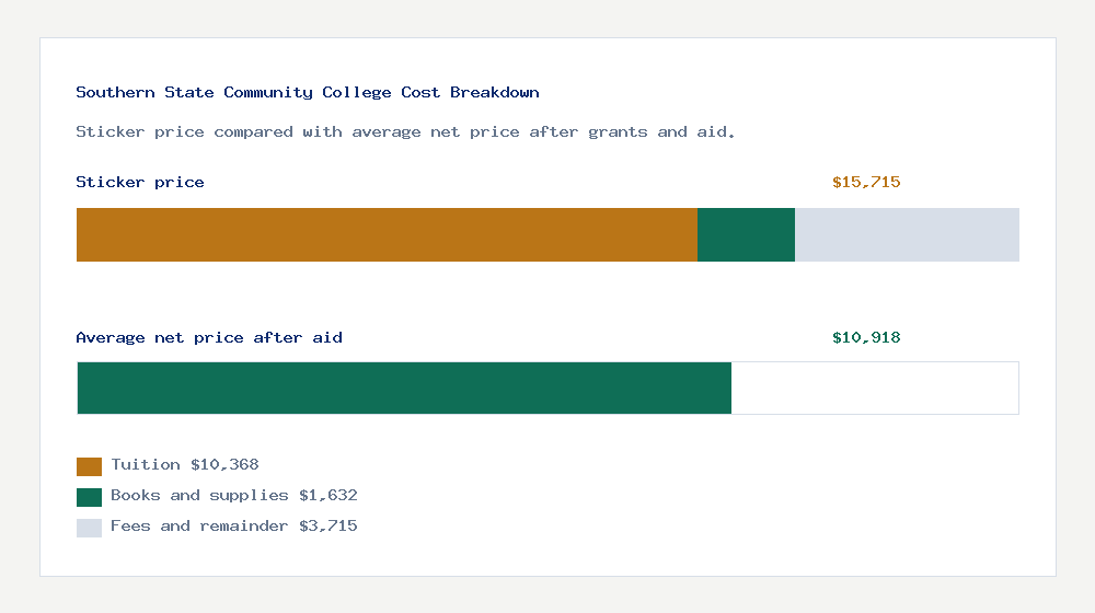 Southern State Community College cost of attendance breakdown - $10,368 tuition vs $10,918 average net price after financial aid