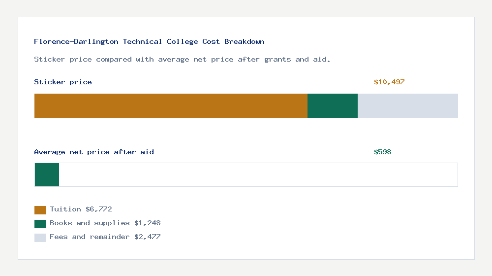 Florence-Darlington Technical College cost of attendance breakdown - $6,772 tuition vs $598 average net price after financial aid